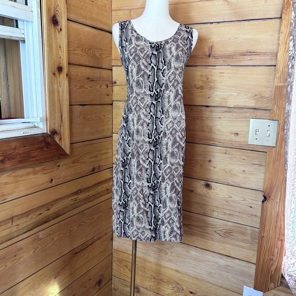Vintage Snakeskin Python Midi Dress Women Size 9/10 Neutral Animal Print Lily